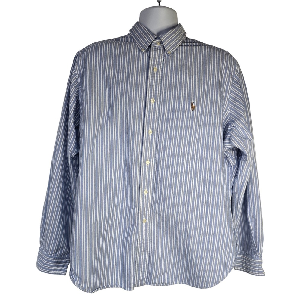 Ralph Lauren Classic Fit Button Down Mens 17.5 Blue‎ White Striped Cotton Preppy